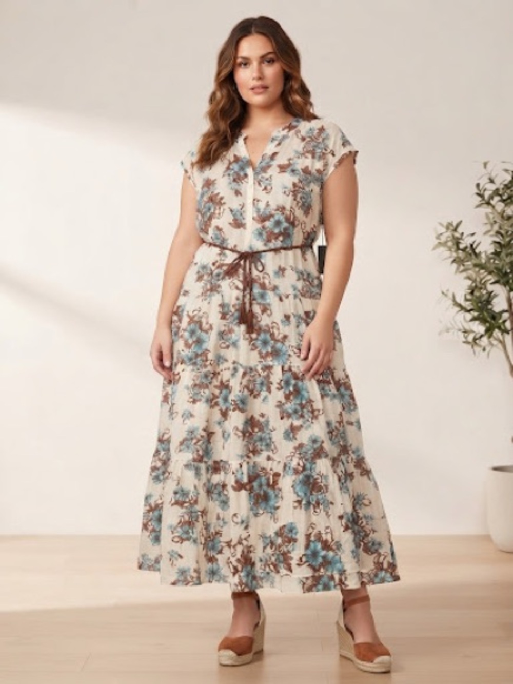 1. State Cream Sheer Maxi Dress with Blue and Brown Floral Print